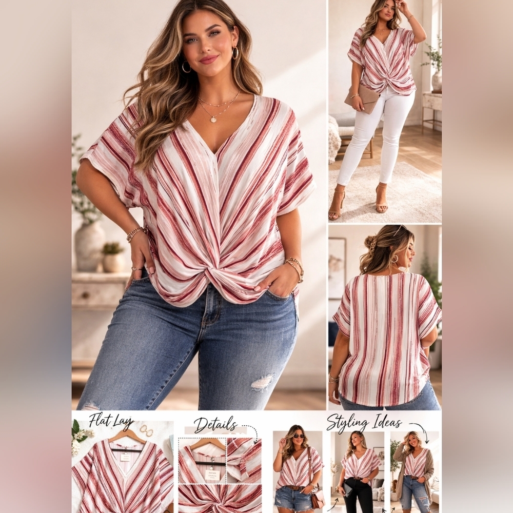 Plus Size Sexy Women’s 3XL Red White Striped Twist Front V-Neck Top